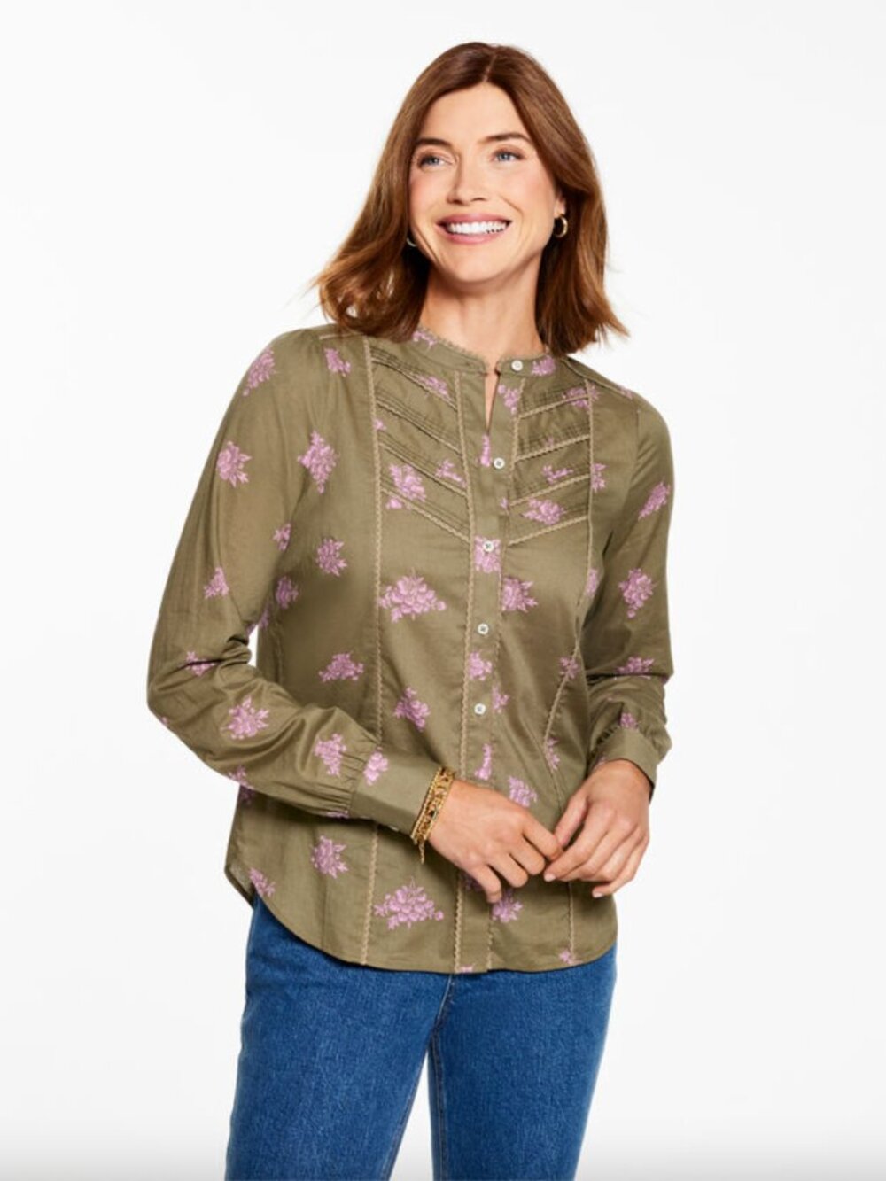 TALBOTS Olive Green Pink Floral Pintuck Button Down Blouse Top Modern Classic M